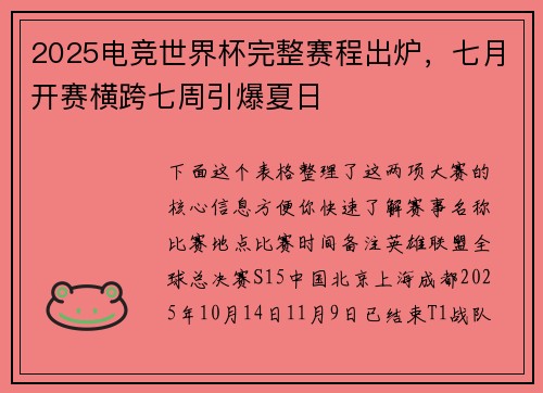2025电竞世界杯完整赛程出炉，七月开赛横跨七周引爆夏日